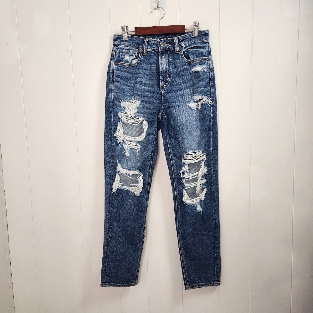 American Eagle Mom Jeans Stretch High Waisted Rise Ripped Dark Wash AEO 90s